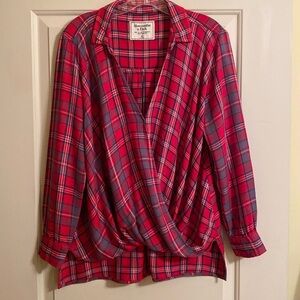 Abercrombie & Fitch tartan plaid crossover long sleeve top high lo hem size M